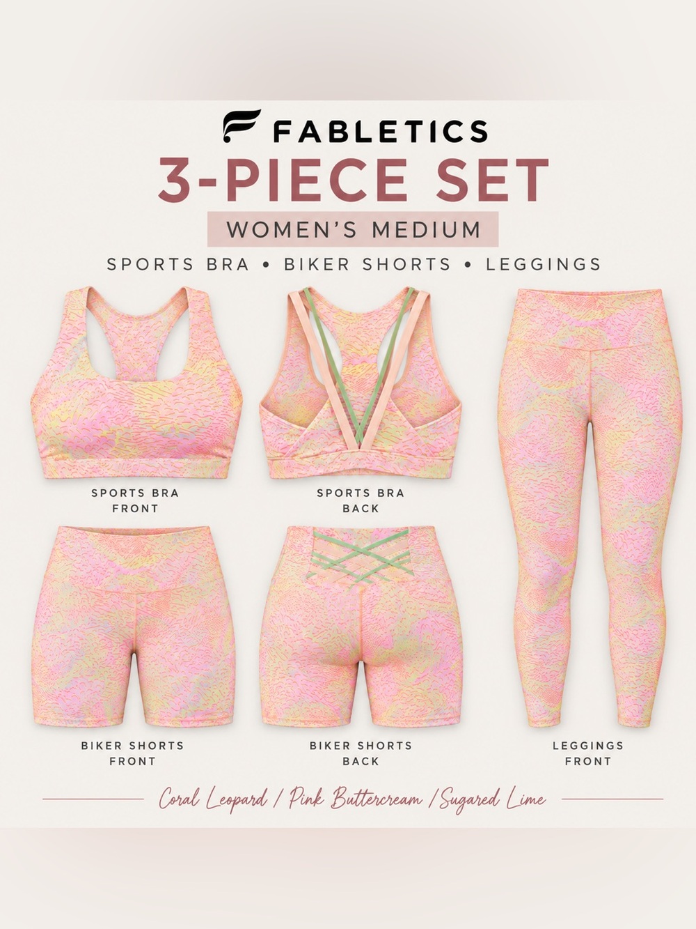Fabletics Women's 3-Piece medium Active Set - Pink Buttercream Coral Leopard